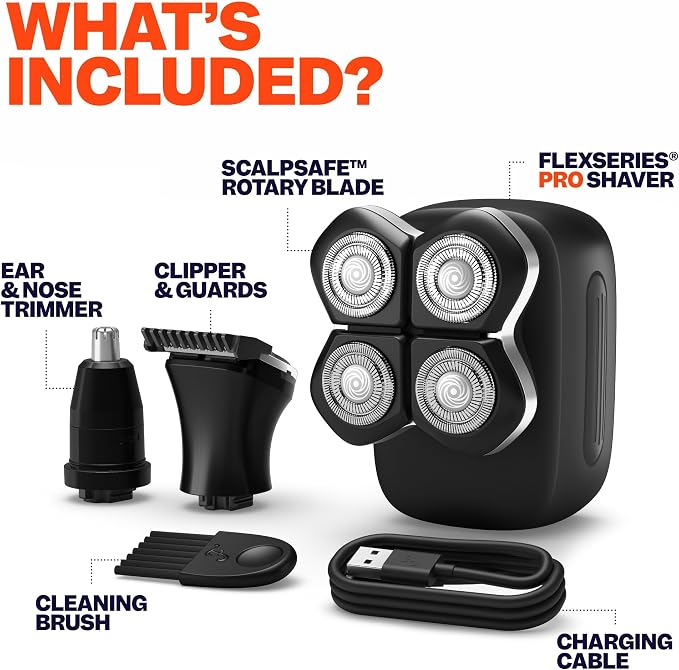 Freebird Electric Head & Body Hair Shaver - Mens Cordless Waterproof Razor with Rotary Blades (FlexSeries Pro, Shaver Kit + Travel Case + Extra Blade)