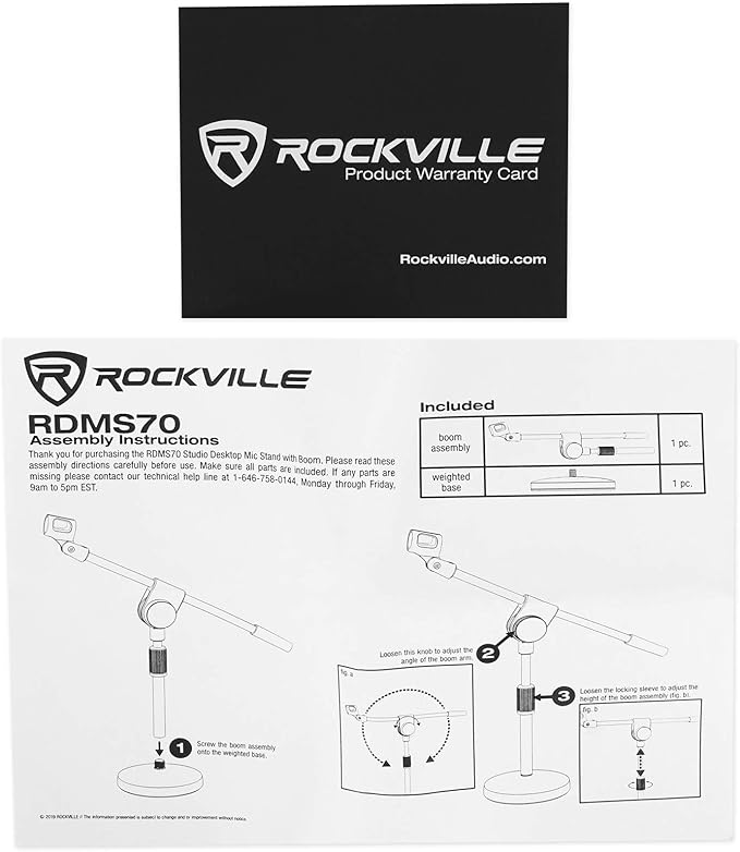 Rockville RDMS70 Desktop Microphone Stand with Boom Arm, Steel Round Base, Adjustable Height, Low Profile, Scratch-Resistant Finish, Anti-Slip Base, for Podcasting and Streaming