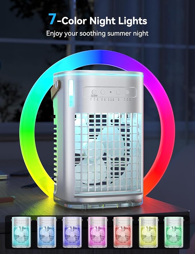 FANCOLE Small Air Conditioner, 5400mAh Battery, 2 Ice Packs Evaporative Air Cooler, 7H Smart Timer & 16.5ft Remote, 7-Color Light, 1200ML Water Tank, 3 Speed & 2 Cool Mist Portable AC Unit for Bedroom