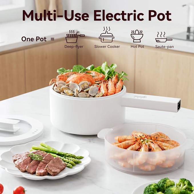 Electric Hot Pot with Steamer, 1.5L Ceramic Glaze Non-stick Portable Pot, Dual Power Multi-functional Electric Cooker, Suitable for Steak, Pasta, Hot Pot, Ramen, Electric Pot for Dorm(with steamer)