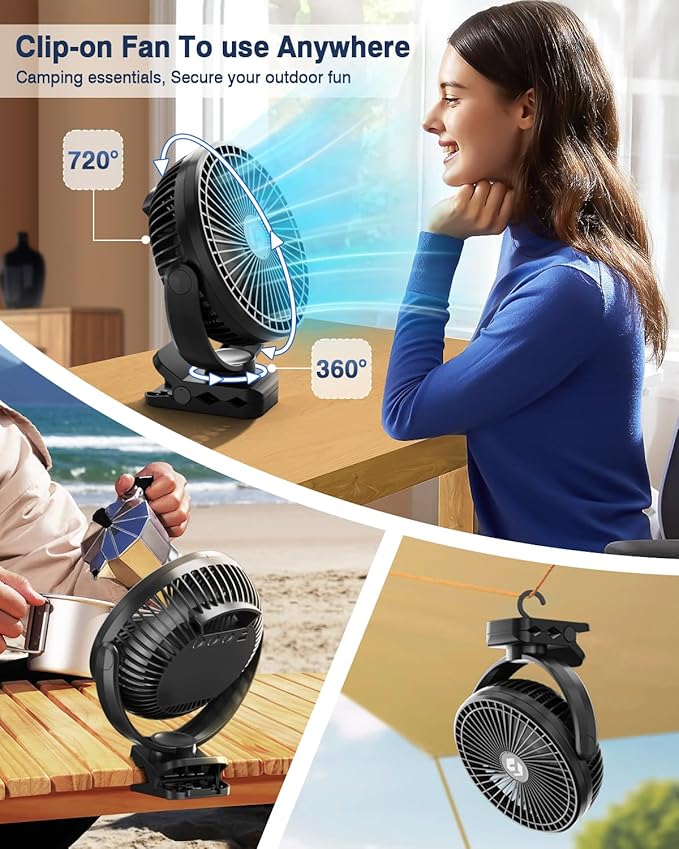 FRIZCOL 20000mAh 8 Inch Portable Clip On Fan,Battery Operated Golf Cart Fan with Lights, USB Fans Small Desk Fans Personal Quiet Fans for Office Stroller Bedroom and Camping