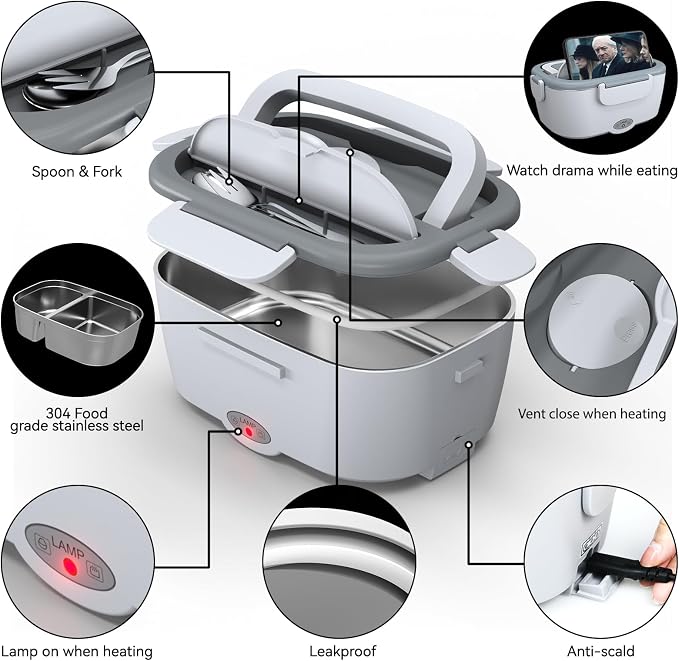 Sitlais Electric Lunch Box for Adults - Fast Heating Portable Food Warmer with 2 of 53oz 304 Stainless Steel Containers 12V/24V/110V Heated Lunch Box for Men&Women Work Office Truck Travel lonchera