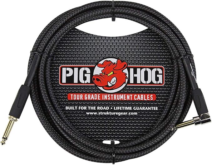 Pig Hog PC-H10BKR 1/4" Right-Angle to 1/4" Black Woven Guitar Instrument Cable, 10 Feet (2-Pack)
