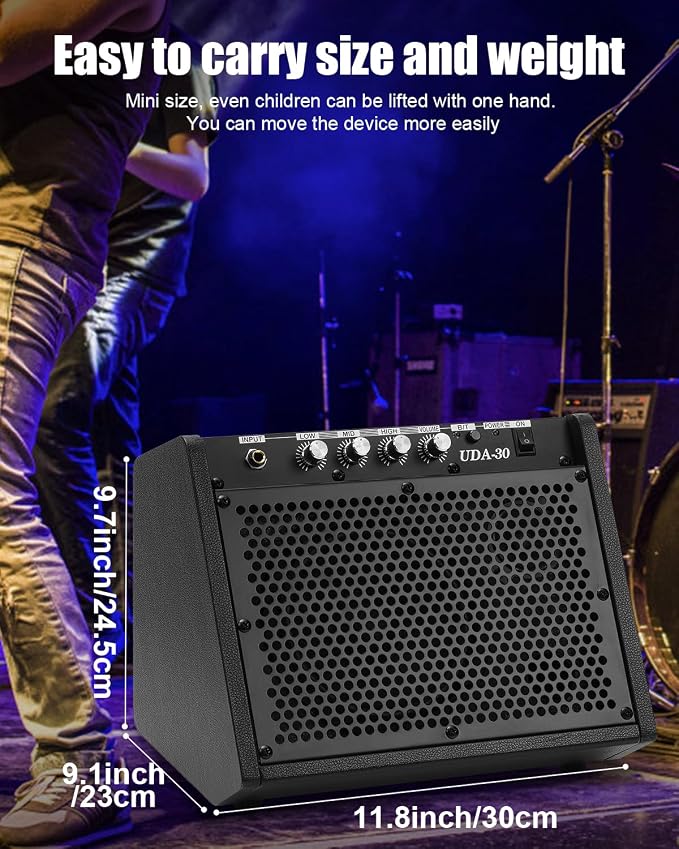 Electric Drum Amplifier 30W Wireless Drum Speaker with 3-Band EQ, Portable E Drum Amp for Electronic Drum Set, Guitar & Keyboard, Compact Practice Amp for Home Studio (Matte-Black)