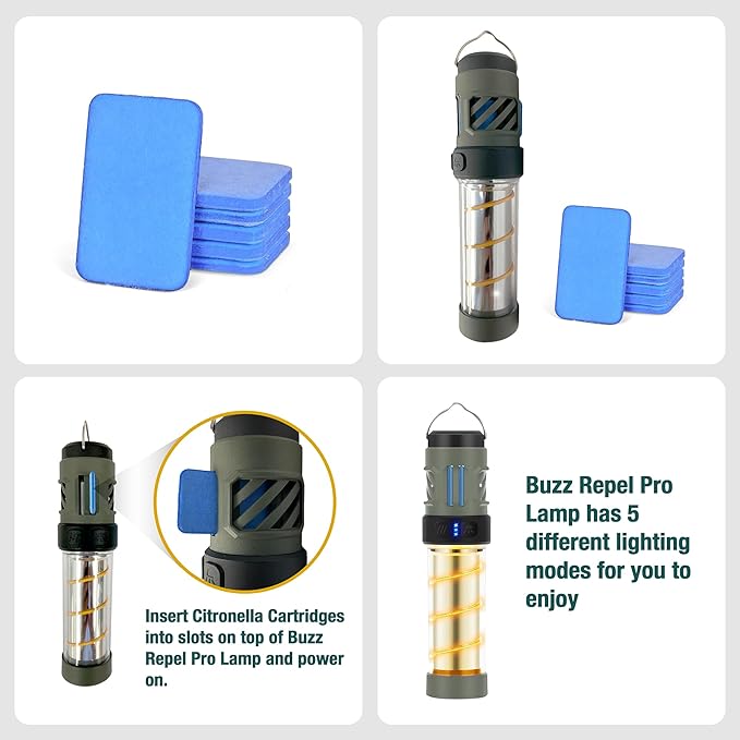 Mozz Shield Mosquito Repellent Outdoor Lantern Flashlight USB-C Rechargeable Camping Light with Citronella Mats Magnetic Base Tripod Waterproof for Patio Yard (6 Citronella Refills Cartridges) Blue