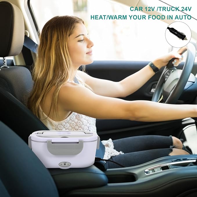 SOHIDA Electric Lunch Box Food Heater, White | 80W, 12V 24V 110V, Portable for Car Truck Work, Removable 304 Stainless Steel Container