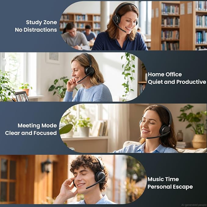 Wireless Headset with Mic for Work, One-Tap Mute & USB Dongle, Bluetooth 5.3 Headset, AI Noise Cancelling Mic, Wireless Headphones with Mic & 65H, Wireless Headset for PC/Teams/Computer/Laptop/Study
