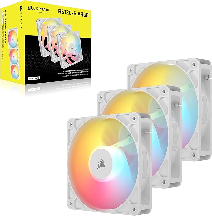 Corsair RS120-R ARGB 120mm PWM ARGB Reverse Fans – Reverse Rotor, +5V ARGB Connections, Eight RGB LEDs, High Static Pressure, Daisy-Chain, Magnetic Dome Bearing, Zero RPM Mode – Triple Pack – White