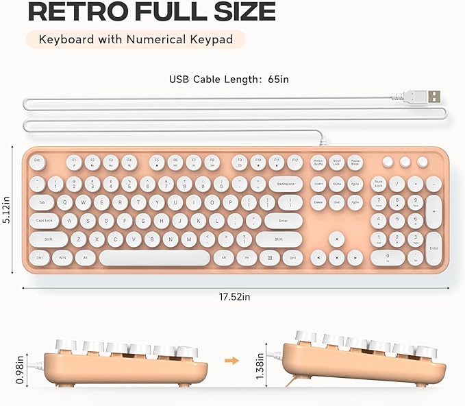 KNOWSQT Wired Computer Keyboard - Orange-White Retro Full-Size Round Keycaps Typewriter Cute Keyboards for Windows, Laptop, PC, Desktop, Computer