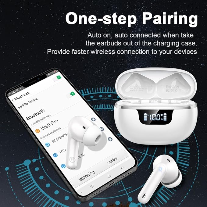Wireless Earbuds, Bluetooth 5.4 Headphones In Ear with Noise Cancelling Mic, Bluetooth Earbuds Stereo Bass, IP7 Waterproof Sports Earphones, 50H Playtime USB C Charging White Ear Buds for Android iOS