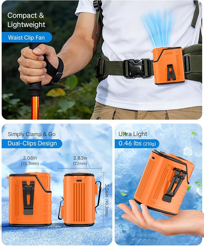 W & O Portable Fan Rechargeable,Personal Waist Clip on fan 4 Speeds & Flashlight Hands-FreeHanging Neck Fan, 20H Cooling For Outdoor Camping Travel (Orange)
