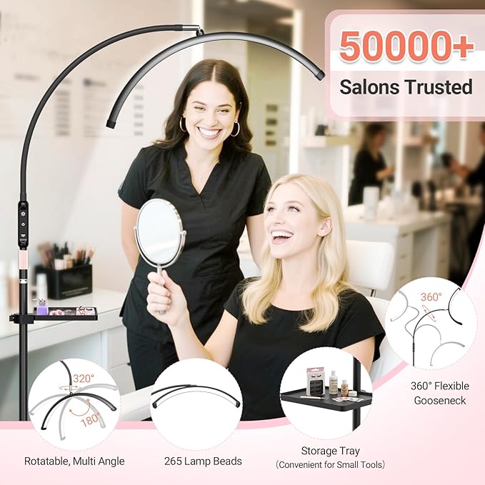 LIONVISON Half Moon Lash Light: 6500K LED Lamp Ring Light with Tray - 360° Flexible Gooseneck Durable Metal Stand - Salon Use for Lash Artists Eyelash Extensions (23In Black)