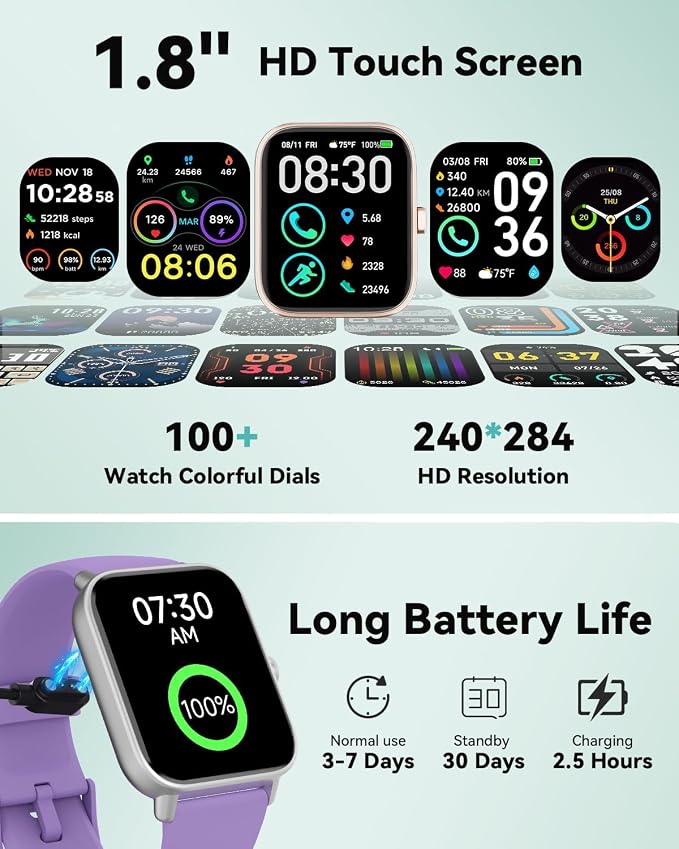 Quican Smart Watches for Women, Compatible for iPhone and Android Phones | 1.8" Fitness Tracker Watch, Waterproof, Calling, Heart Rate/Sleep Monitor, Alexa, Gifts for Women, Silicone Band, Purple