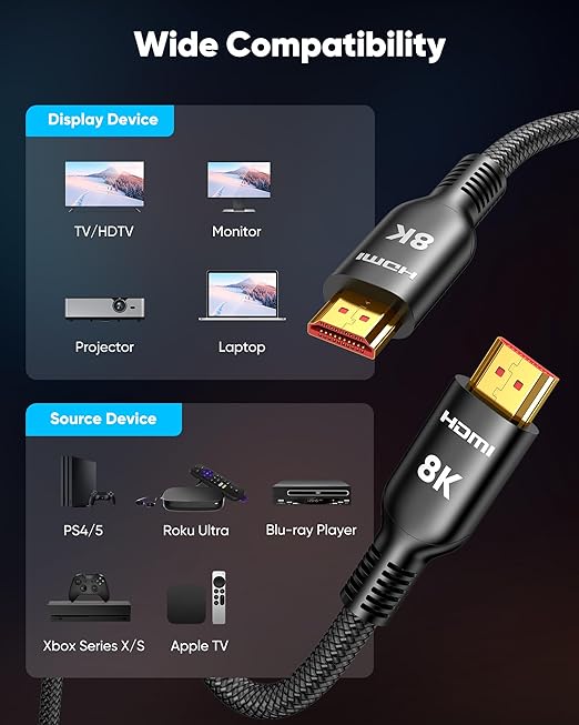 Highwings 8K HDMI Cable 2FT, 48Gbps Ultra High Speed HDMI Cable Braided Cord-4K@120Hz 8K@60Hz, DTS:X, HDCP 2.2&2.3, HDR 10 Compatible with Roku TV/PS5/HDTV/Blu-ray