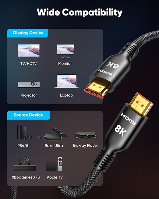 Highwings Short 8K HDMI Cable 1.5FT, 48Gbps HDMI 2.1 Cable Ultra High Speed HDMI Braided Cord-4K@120Hz, 8K@60Hz,eARC,DTS-HD,12 Bit Color Compatible for PS5,Monitor,PC and More