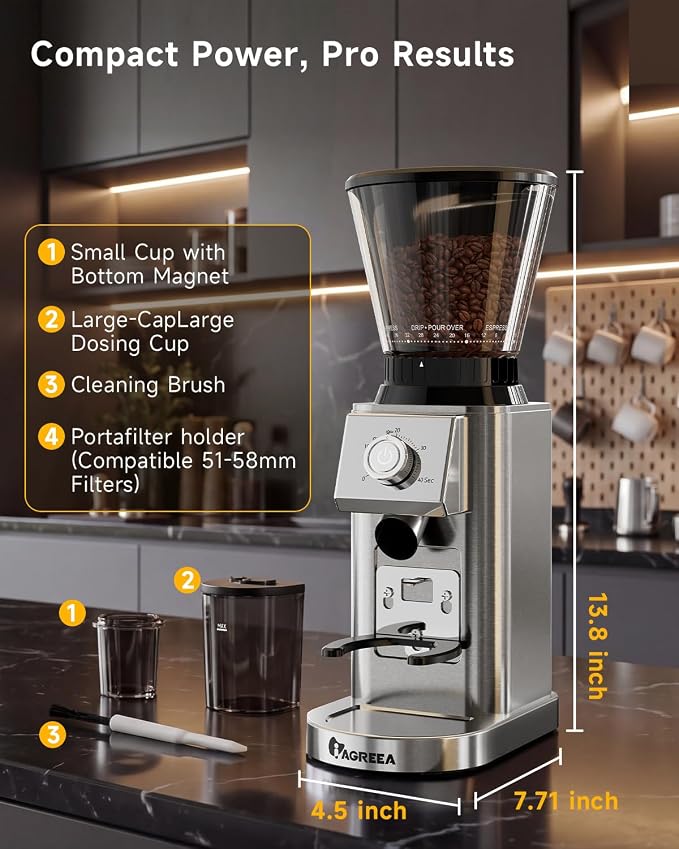 IAGREEA Conical Burr Coffee Grinder, 48 Grind Settings, 450RPM Low-Speed Anti-Static, Precision Timer, Portafilter Holder for Espresso, Drip, French Press, Cold Brew, Stainless Steel