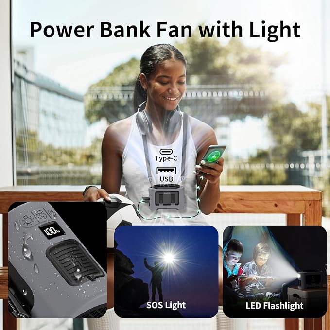 Socool 14500mAh Portable Waist Fan Clip On Wearable Belt Shirt Fan 5 Speeds with Dual Air Outlet & Flashlight Personal Hanging Neck Fans Battery Operated Rechargeable 40H Cooling For Camping Jobsite