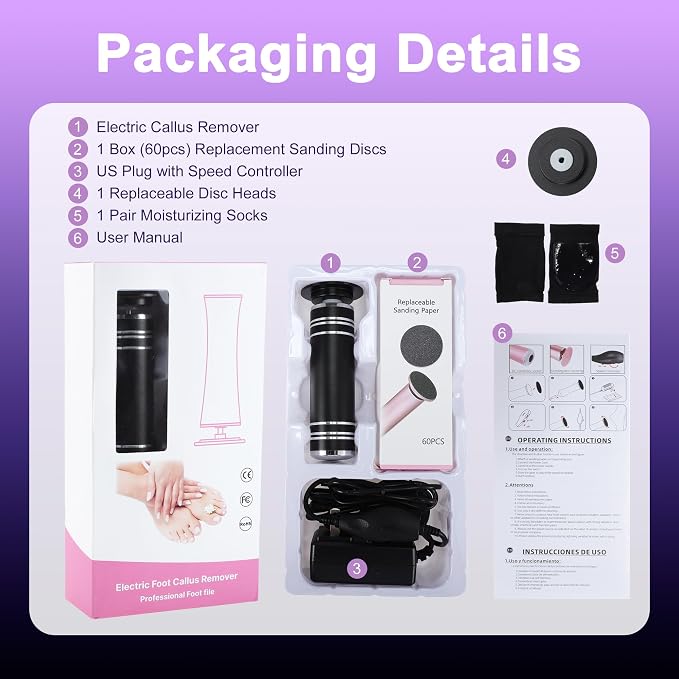 VOCOSTE 1200RPM Electric Callus Remover for Feet, 2 Replaceable Grinding Discs, 60 Sandpaper Discs, 1 Moisturizing Heel Socks, Professional Pedicure Kit for Dead Skin & Hard Cracked Heels
