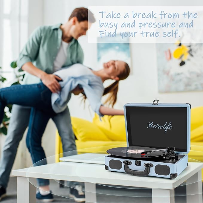 Vinyl Record Player 3-Speed Bluetooth Suitcase Portable Belt-Driven Record Player with Built-in Speakers RCA Line Out AUX in Headphone Jack Vintage Turntable Haze Blue