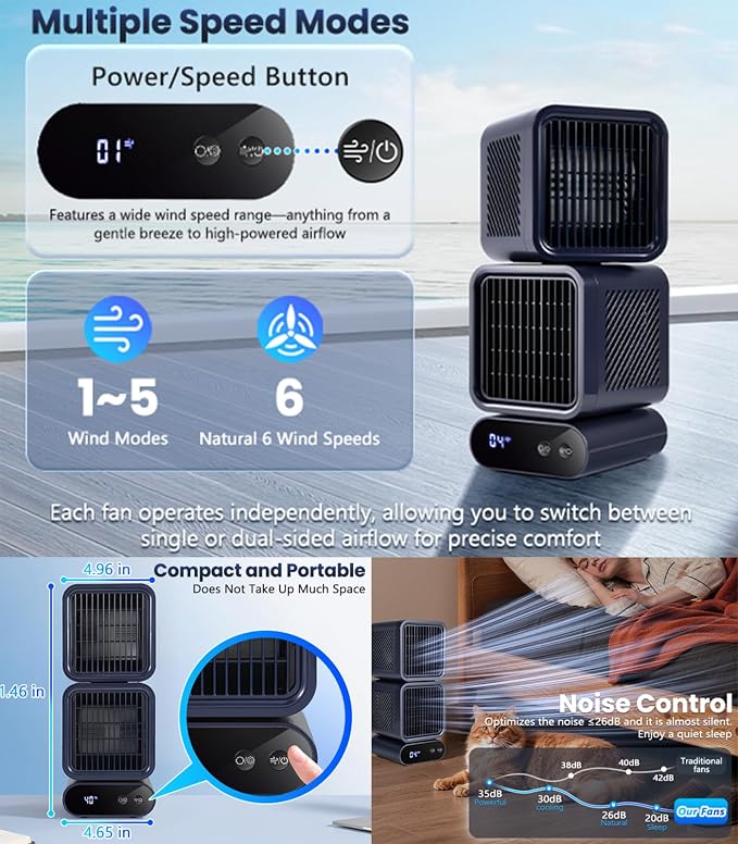 Dual-Head Desktop Fan, Portable Table Fan with Automatic Oscillation, Rechargeable Battery Operated, 12 Inch Small Quiet Fan for Bedroom, Office, Dorm & Home Use,6 Speeds,4000mAh Battery(Blue)