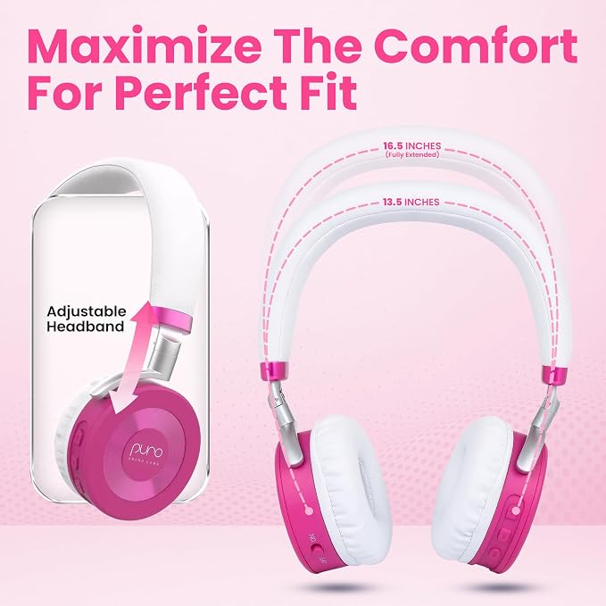 Puro Sound Labs JuniorJam Plus Volume-Limiting Wireless Bluetooth Headphones for Kids, Secure Audio with Adjustable On-Ear Design, 22-Hour Battery Life, Ideal for Tablets, Smartphones & PCs - Pink