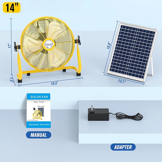 14" Solar Powered Fan with 20W Solar Panel & Rechargeable Battery, Portable, Quiet 12 Speed, 360° Tilt Head for Outside, Camping, Travel, Greenhouse, Chicken Coop, Patio, gazebo (Yellow)