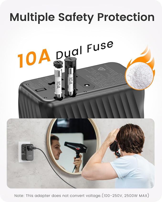 LENCENT Universal Travel Adapter, 100W GaN International Fast Charger with 2 PD3.0 Type C+2 QC USB A, Worldwide Power Adaptor for Phones,Laptops, All in One Travel Essentials for EU/USA/UK/AU, Black