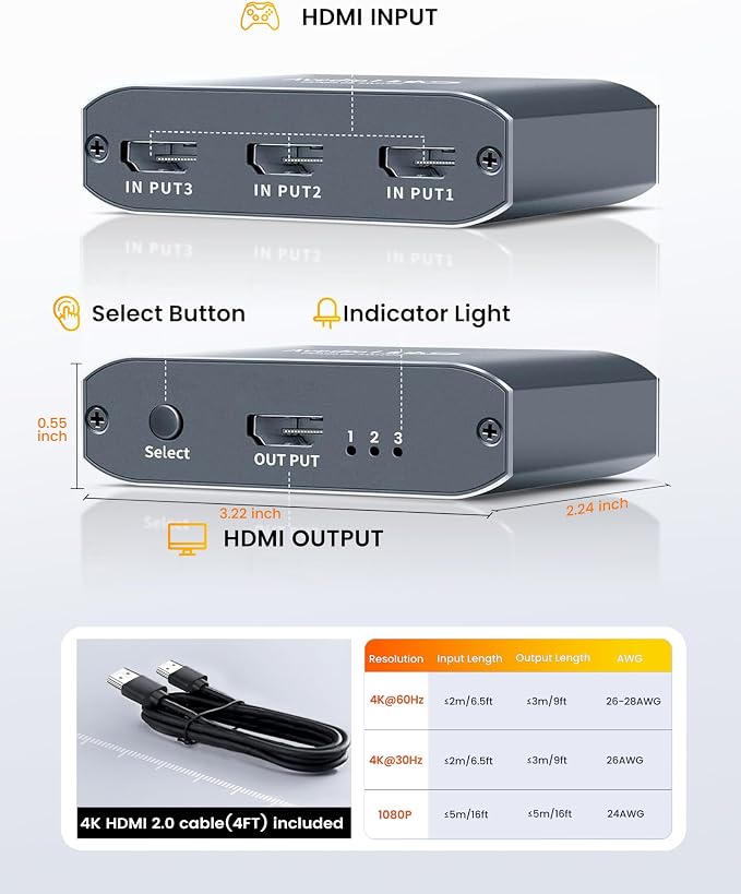 avedio links HDMI Switch 3 in 1 Out 4K@60Hz Aluminum Alloy【with 4FT HDMI 2.0 Cable】, 3x1 4K HDMI Switch Box, 3-Port HDMI Selector Switcher Support HDCP 2.2, HDR 10, for Fire TV Stick, PS5