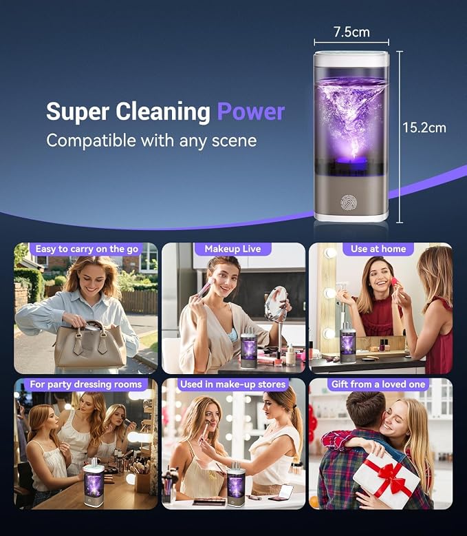 2026 Upgrade Makeup Brush Cleaner 【Industry NO.1-12x Cleaning Power】Make up Brush Cleaner Machine【International Certification - 0 Dust】 Electric Makeup Brush Cleaner,Suitable for all Brush,Grey