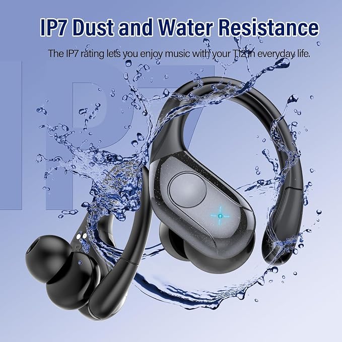 Qecnato Wireless Earbuds Bluetooth 5.4 Headphones 75H Stereo Deep Bass Sports Over Ear Buds with Earhooks, LED Display Bluetooth Earbuds with 4 ENC Mic, IP7 Waterproof Earphone for Running, Black