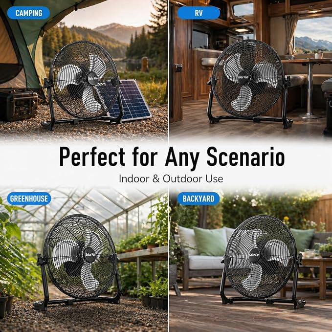 18" Solar Powered Fan - Rechargeable Floor Fan with Solar Panel & AC Charging, 60H Runtime Battery, Cordless Portable Outdoor Fans for Home Camping RV Patio Gazebo Greenhouse Power Outage