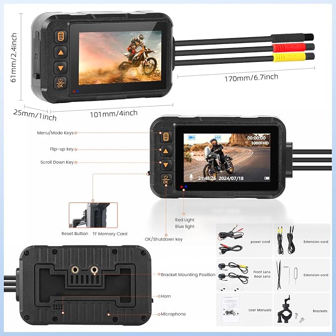 Motorcycle Dash Cam Dual HD Camera Front and Rear View,3" IPS Screen 720P IP67 Waterproof 150° Wide Angle Sportbike Recording DVR with G-Sensor,Loop Recording,Night Vision,Parking Monitor+32G SD