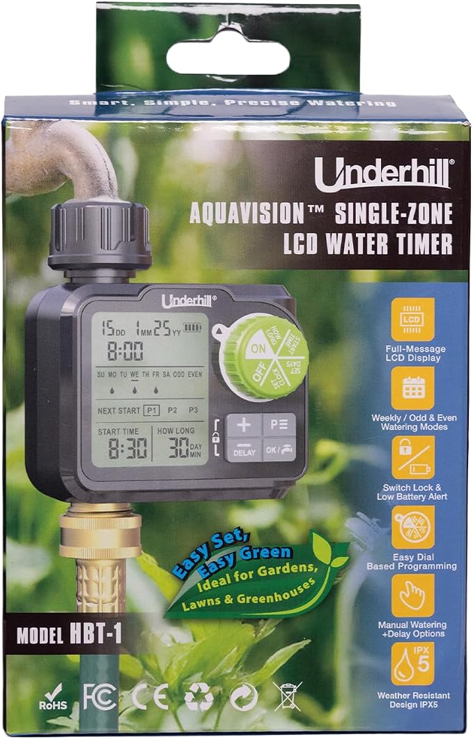 Underhill AquaZone Digital Hose Timer – Automatic Garden Water Timer with LCD Display, Programmable Irrigation Controller for Sprinklers, Drip Systems & Garden Hose Faucets