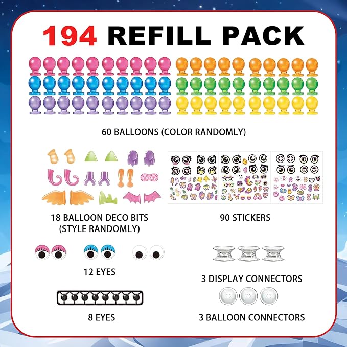 DIY Balloon Craft Kit Refill Pack - 194 Pcs Replacement Accessories for Sticky Balloon Toys, Creative Arts & Crafts Supplies for Kids 3+