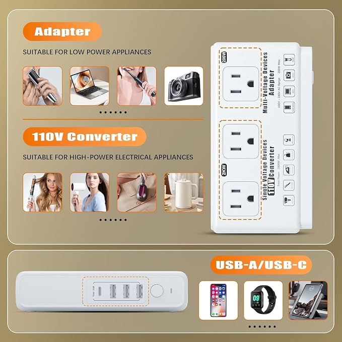 220v to 110v Travel Voltage Converter: International Universal Voltage Converter US to Europe Power Strip Plug Transformer - 2000W Electric Hair Dryer Step Down Outlet Converters for European UK EU