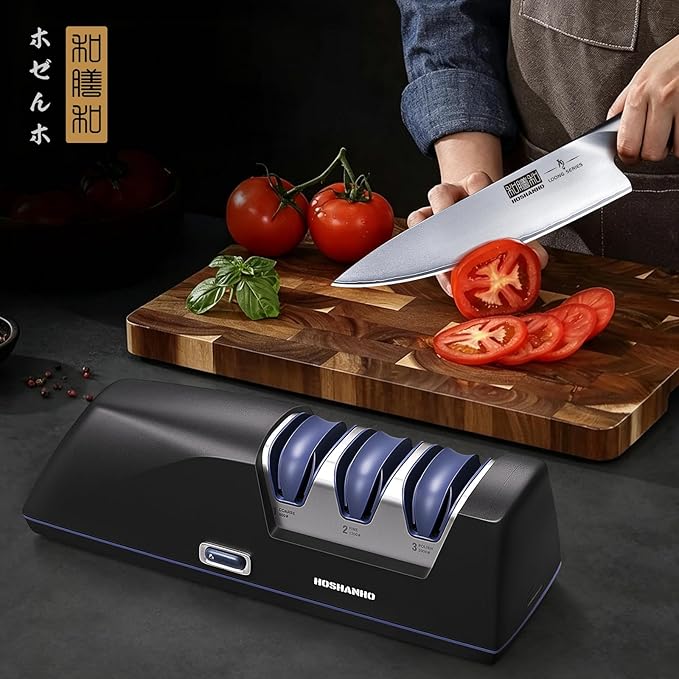 HOSHANHO Electric Knife Sharpener, Professional 3-Stage Diamond Knife Sharpener Electric, Replaceable Grinding Wheels & 20° Precision Guide for Kitchen Knives, Quick Sharpening to Restore & Polish