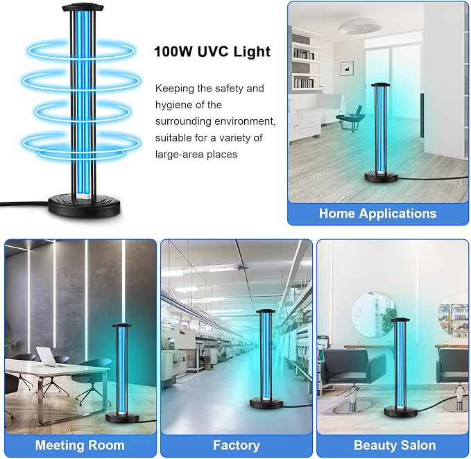 Qualirey 100W UV & Ozone Sanitizer, High Power Room Disinfection Light with 3 Level Timer & Remote, Whole Room Disinfection for Large Spaces, Offices & Basements