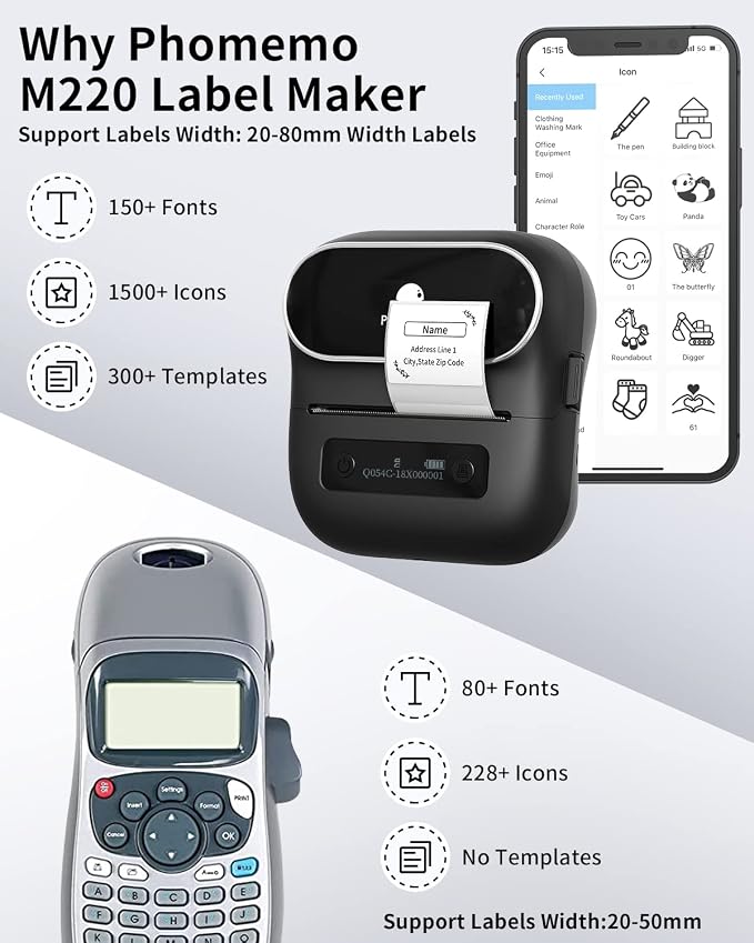 Phomemo Label Maker,M220 Label Printer,3 Inch Bluetooth Thermal Label Maker Machine with 7900+ Icons,1900+ Templates,550+ Fonts,for Kids School Items,Small Business,Large Sticker