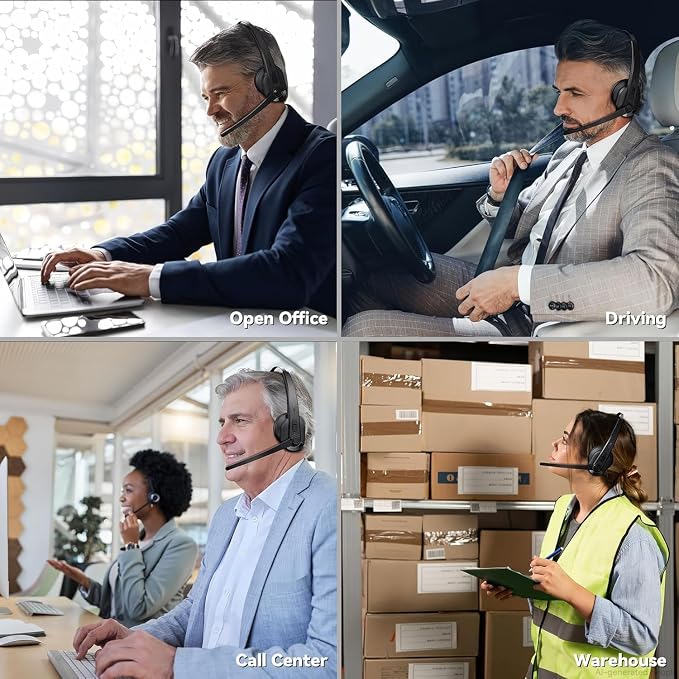 LEVN Wireless Headset with Mic for Work, Bluetooth Headset with Microphone-AI Noise Cancelling, Single-Ear Wireless Headphones with Mic & USB Dongle for PC/Computer/Call Center/Laptop/Teams/Zoom/Home