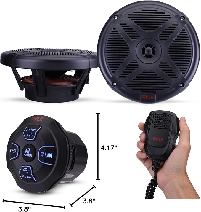 Pyle Marine Bluetooth Receiver Speaker Kit - Waterproof Audio Entertainment System Set w/Dual 6.5" Boat Speakers, Wireless BT Controller, Compact Handheld Broadcasting Microphone (Black)
