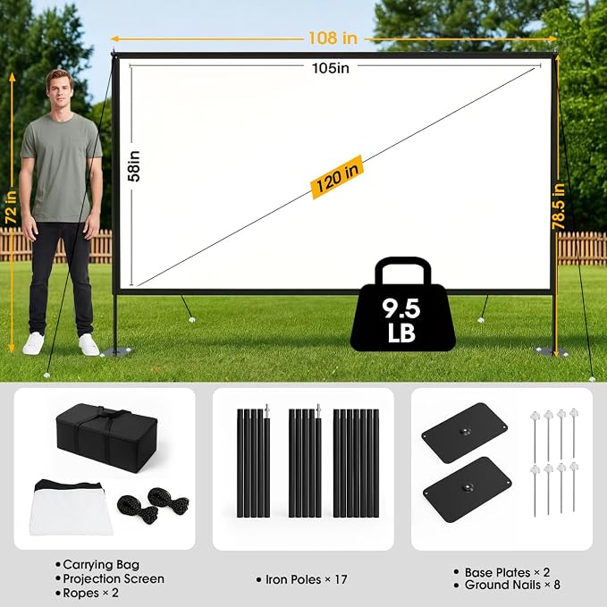 Outdoor Projector Screen with Stand, 120 inch Portable Projection kit 16:9 4K HD Wrinkle-Free Indoor Outdoor Movie Screen with Carry Bag for Home Theater and Backyard Movie Night
