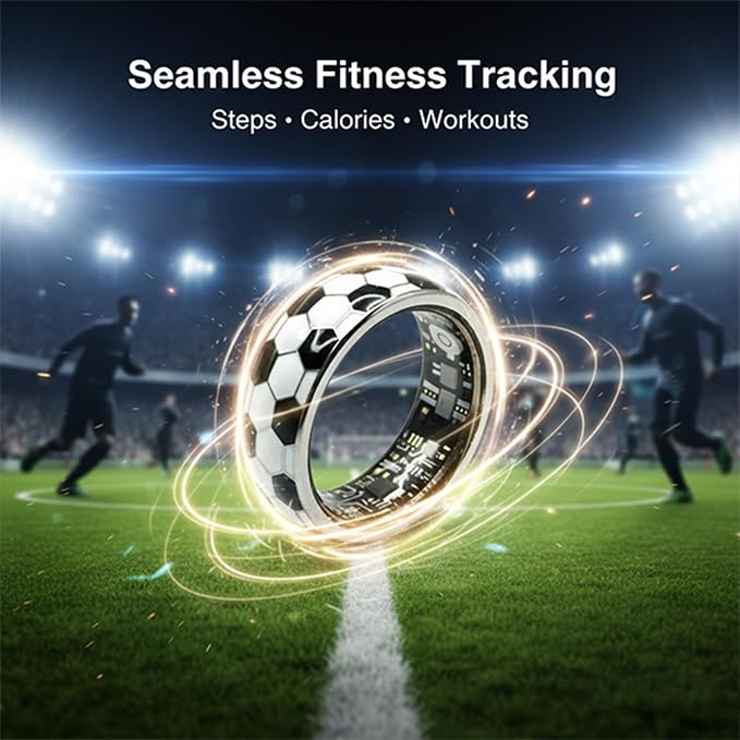 Smart Ring for Women & Men, Soccer Inspired Design, Fitness & Vital Signs Monitoring, Sleep Tracker, Remote Photography, No Subscription(Black,7#)
