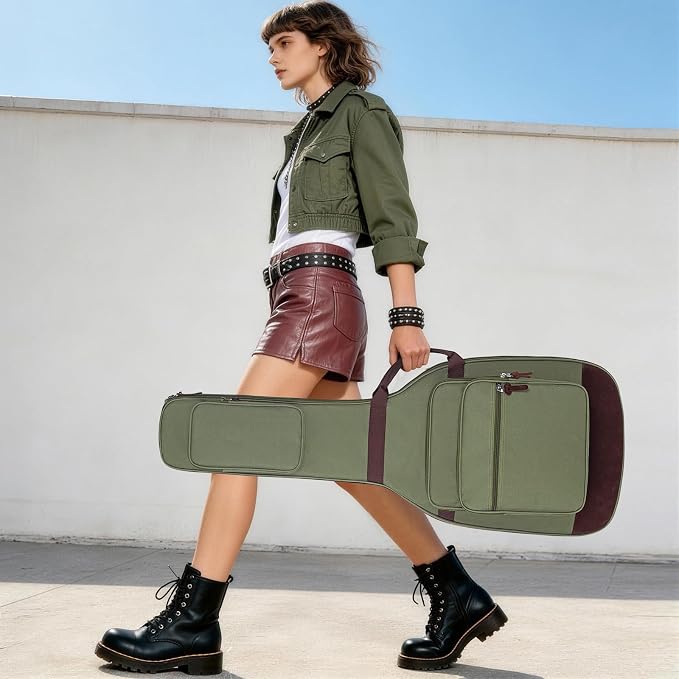 Electric Guitar Bag 0.5 Inch Padding Electric Guitar Case, Electric Guitar Gig Bag Backpack with Neck Strap and 4 Pockets, Green