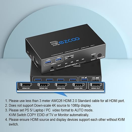 USB 3.0 KVM Switch HDMI 4 Computer 1 Monitor 4K 60Hz SPDIF L/R Hotkey - Share one Set of Keyboard Mouse Printer,1080p 120Hz 144Hz HDCP Bypass,4X USB3.0 Cable,IR Remote Ext. Windows Mac 41KVMP