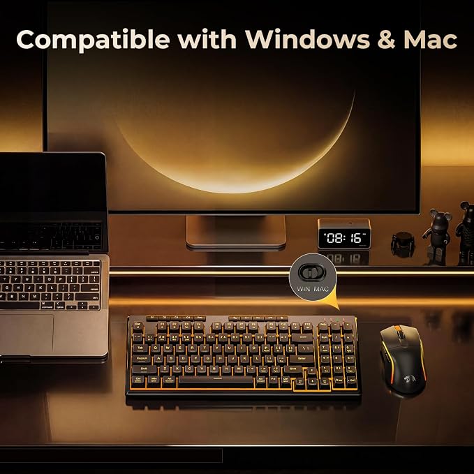 Redragon S156 Wireless Keyboard and Mouse with Tri-Mode, Mechanical Feel Keyboard and 4800 DPI 61G Ultra-Light Gaming Mouse, RGB Backlit, 4 Macro Keys, Long Battery Life for PC, Mac, Ideal for Gamer