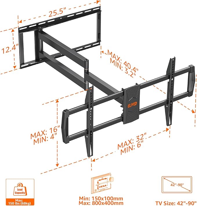 ELIVED Long Arm TV Mount for Most 42-90 Inch tvs, Full Motion Wall Bracket with 40.4 inch Long Extension Articulating TV Wall Mount, Max VESA 800x400mm, Holds up to 150lbs, fits Wood Studs 12"-24".