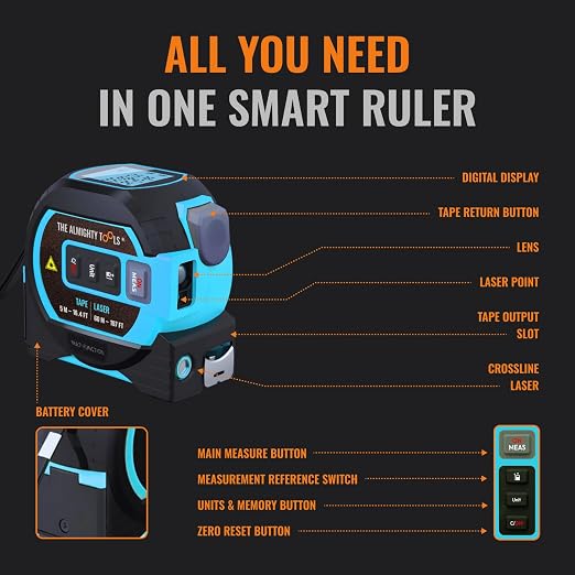 The Almighty Ruler Laser Tape Measure | Laser Distance Measurer, Heavy-Duty Tool with Cross Marking Feature, Smart Range Finder, Easy-Read Display, Ft & Metric Measurement | 196 ft | 65 yd | 60 m