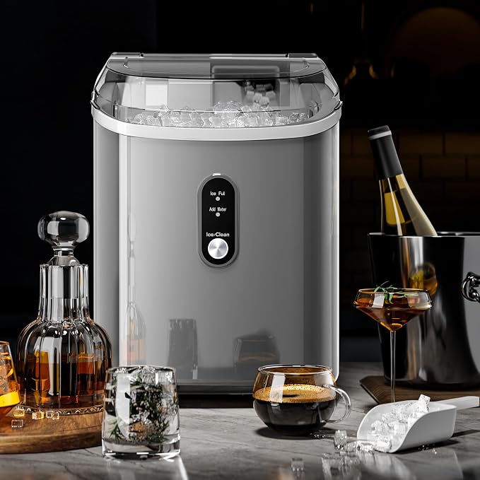 Kismile Nugget Ice Makers Countertop,35Lbs/24H,Portable Ice Machine with Crushed Ice,Self-Cleaning Function,One-Click Operation for Home/Office(Grey)