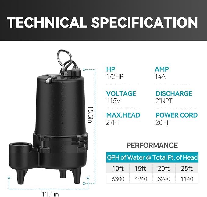 1/2 HP Sewage Pump, Cast Iron Effluent Pump, Automatic Float Switch, Sewage Sump Pump for Sump Basin, Basement, Residential Sewage, 2'' NPT Discharge, Dark Black