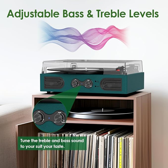 Vinyl Record Player with Built-in Speakers 3-Speed Vintage Record Player Support Treble& Bass Control, 3.5mm Headphone Jack, RCA-Out/Aux in, Belt-Driven LP Turntable,Dark Green
